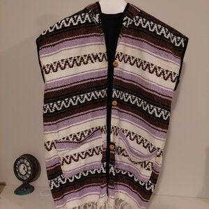 Aztec Print Poncho Purple‎ Tones Size OS Rustic Fringed Thick Weaved Oversized